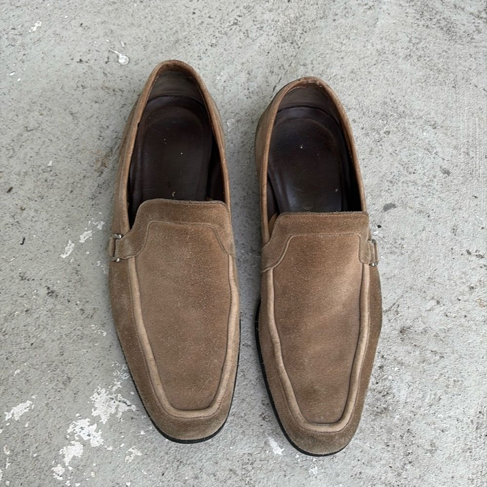 Ferragamo khaki tan suede loafers